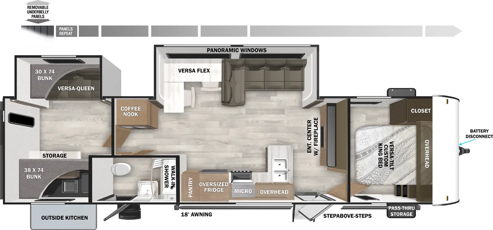 The Wildwood 32BHDS has two entries and two slide outs. Exterior features include: metal or fiberglass exterior, 18' awning and outside kitchen. Interiors features include: bunk beds and front bedroom.